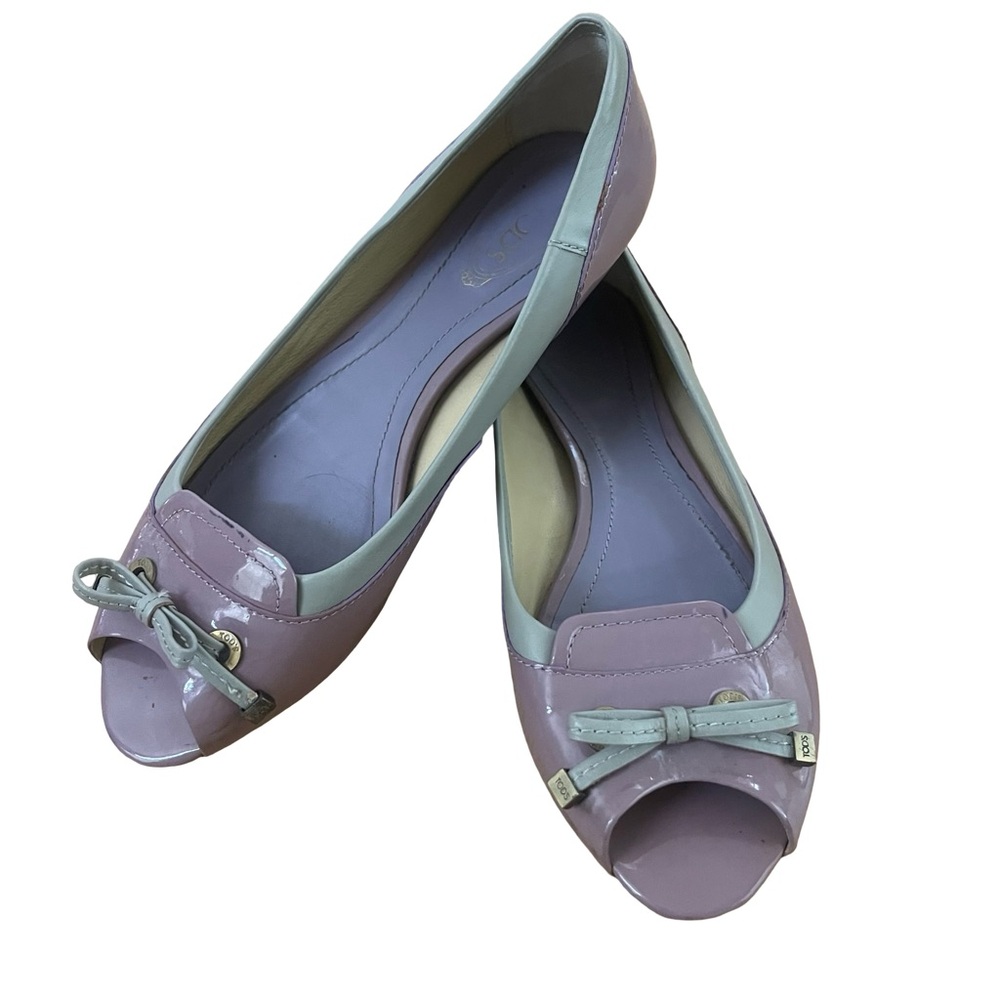TOD’S Patent Leather Lavender & Gray Peep Toe Flats w/ Bow Sz 38 US 7/7.5 luxury